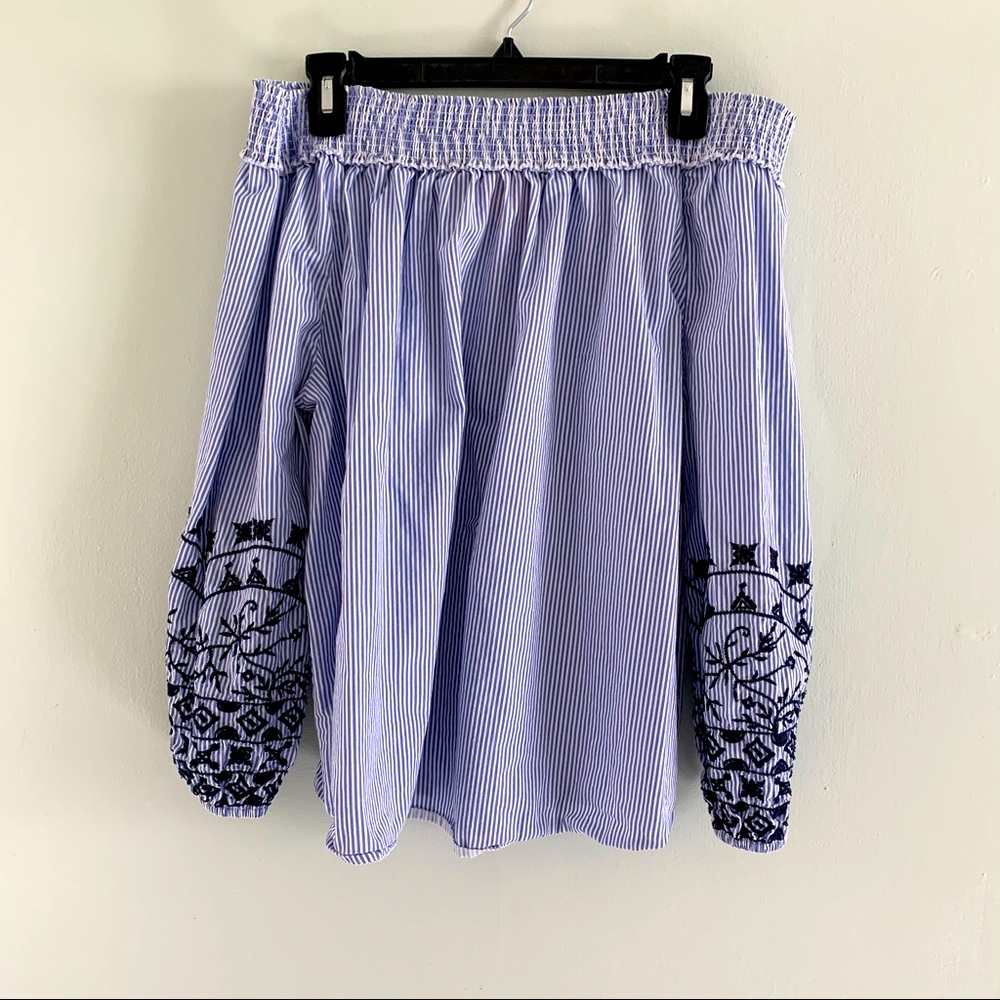 Off-shoulder pinstripe embroidered blouse